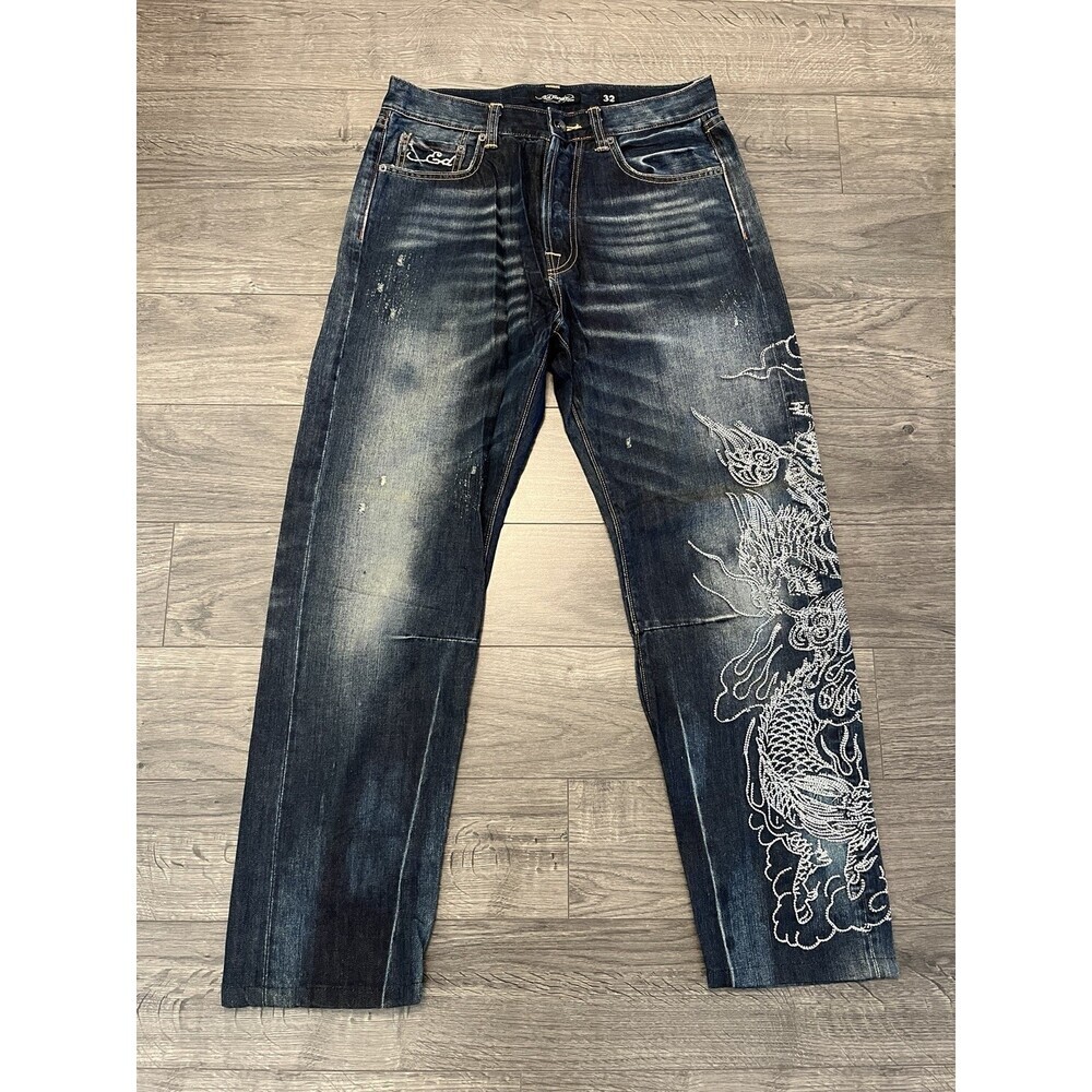 Vintage Y2K Ed Hardy denim jeans spell out embroidered distressed Size 32